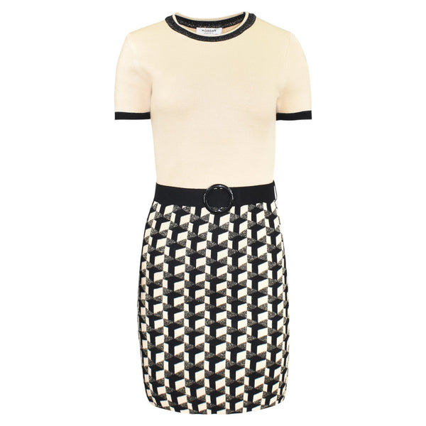 BEIGE JURK MET ZWART BEIGE PRINT