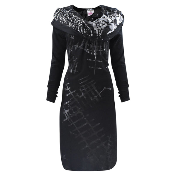 ZWARTE MIDI JURK MET PRINT