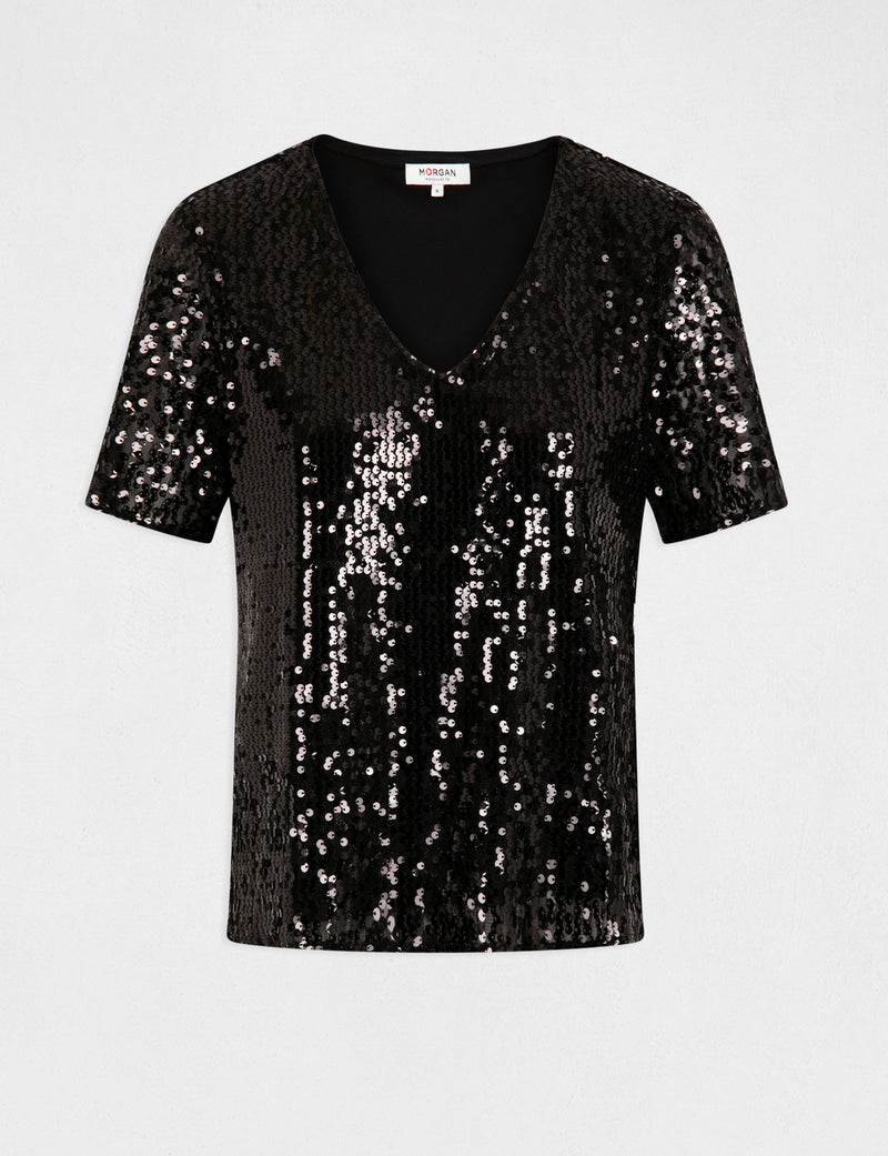 TOP KORTE MOUWEN ZWART GLITTERS