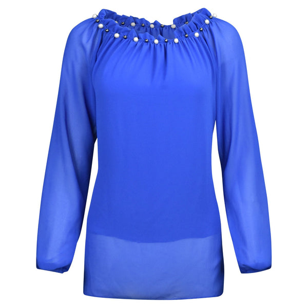 BLAUWE BLOUSE MET PARELS