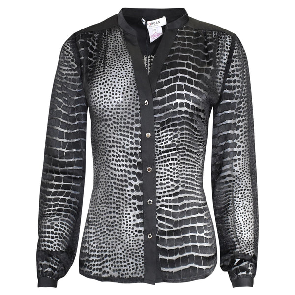 ZWARTE DOORSCHIJNENDE BLOUSE MET CROCODILE PRINT