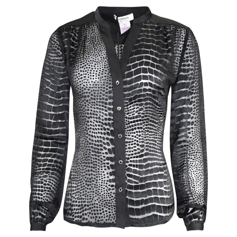 ZWARTE DOORSCHIJNENDE BLOUSE MET CROCODILE PRINT