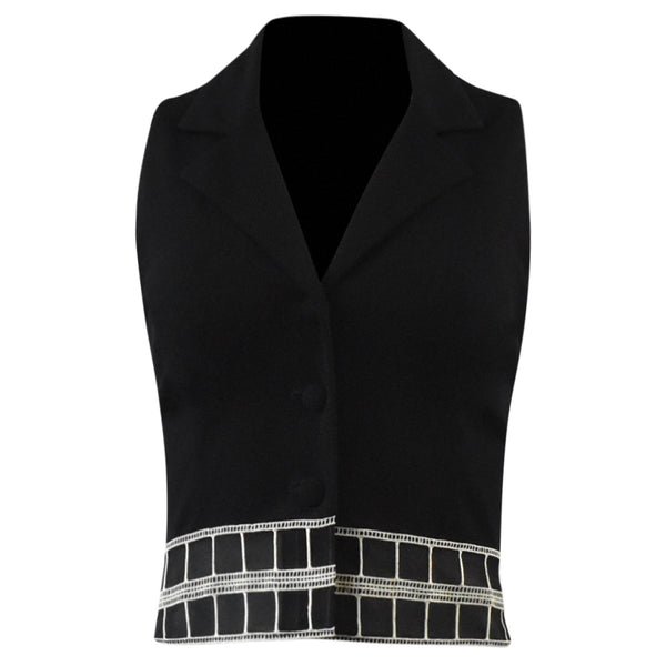 ZWARTE GILET MET EEN GEBLOKTE RAND