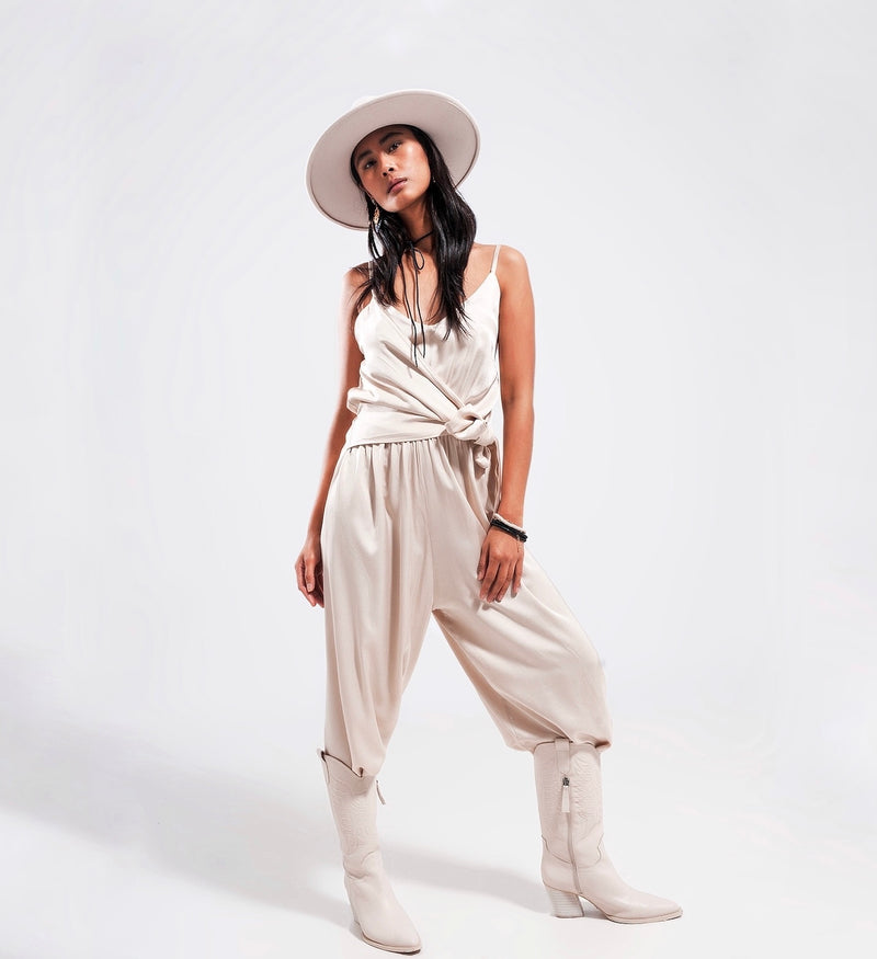 JUMPSUIT BEIGE EFFEN VISCOSE MET KNOOP