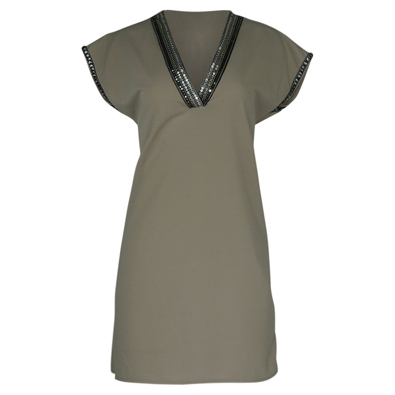 KORTE JURK BEIGE EFFEN MET PAILLETTEN RANDJES