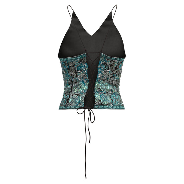 BRUINE TOP MET BLAUWE GLITTERS