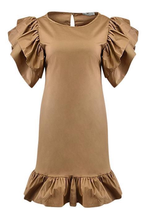 BRUINE MIDI JURK MET MOOIE MOUWEN
