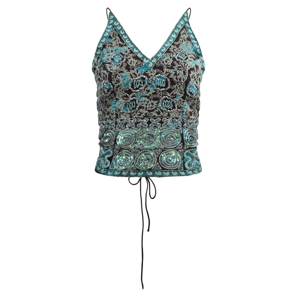 BRUINE TOP MET BLAUWE GLITTERS