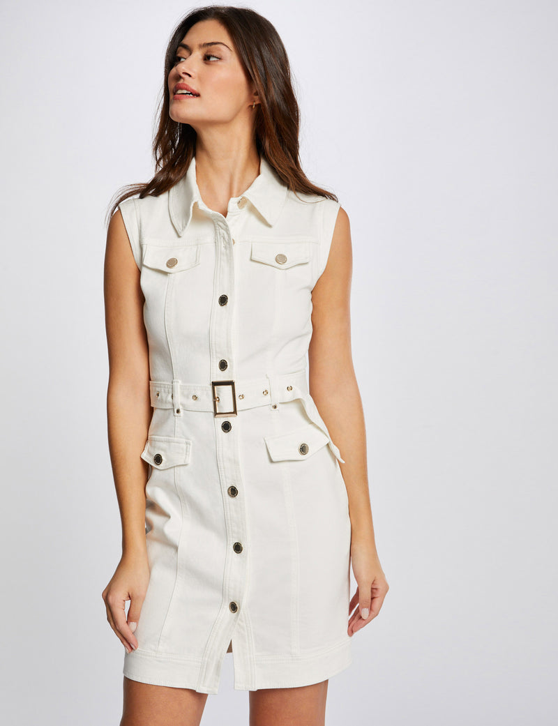 KORTE JURK WIT  CREME JEANSJURK MET CENTUUR EN KNOPEN