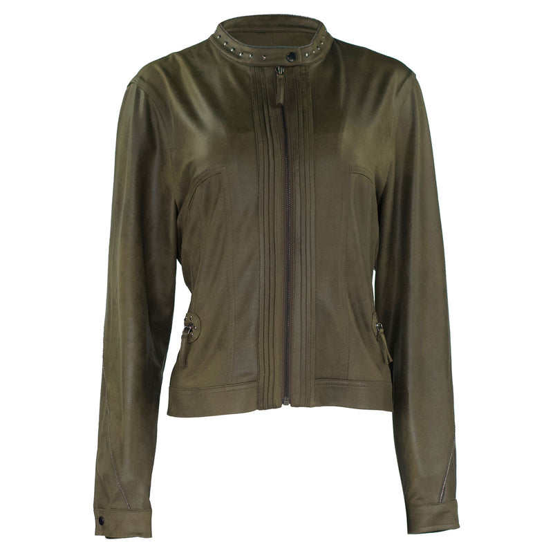 BIKER JACKET GROEN  MET STUDS OP ZAKKEN EN KRAAG VEGANLEER